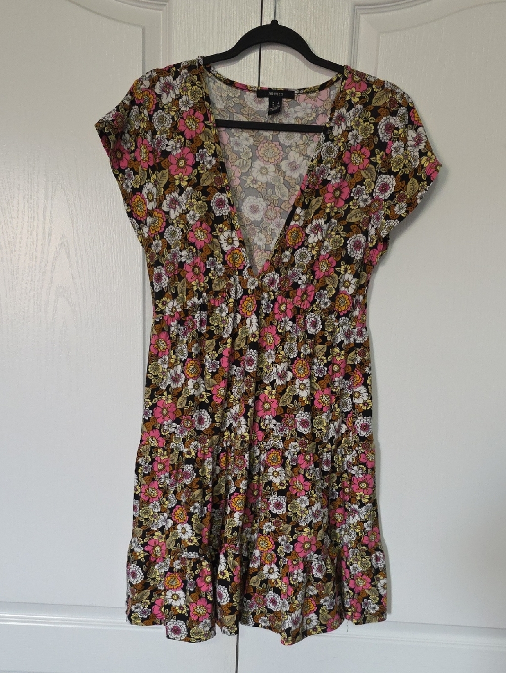 Forever 21 Gray Floral V-Neck Mini Dress with Pink & Yellow Accents